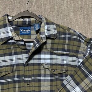 Wrangler Western Shirt Mens XXL Olive Green Plaid Pearl Snap Long Sleeve Cotton